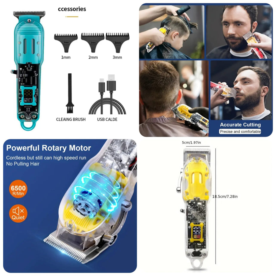 USB Rechargeable Lithium Battery Powered Professional Transparent LCD Digital Display Electric Hair Clipper Trimmer for Home and Outdoor Use