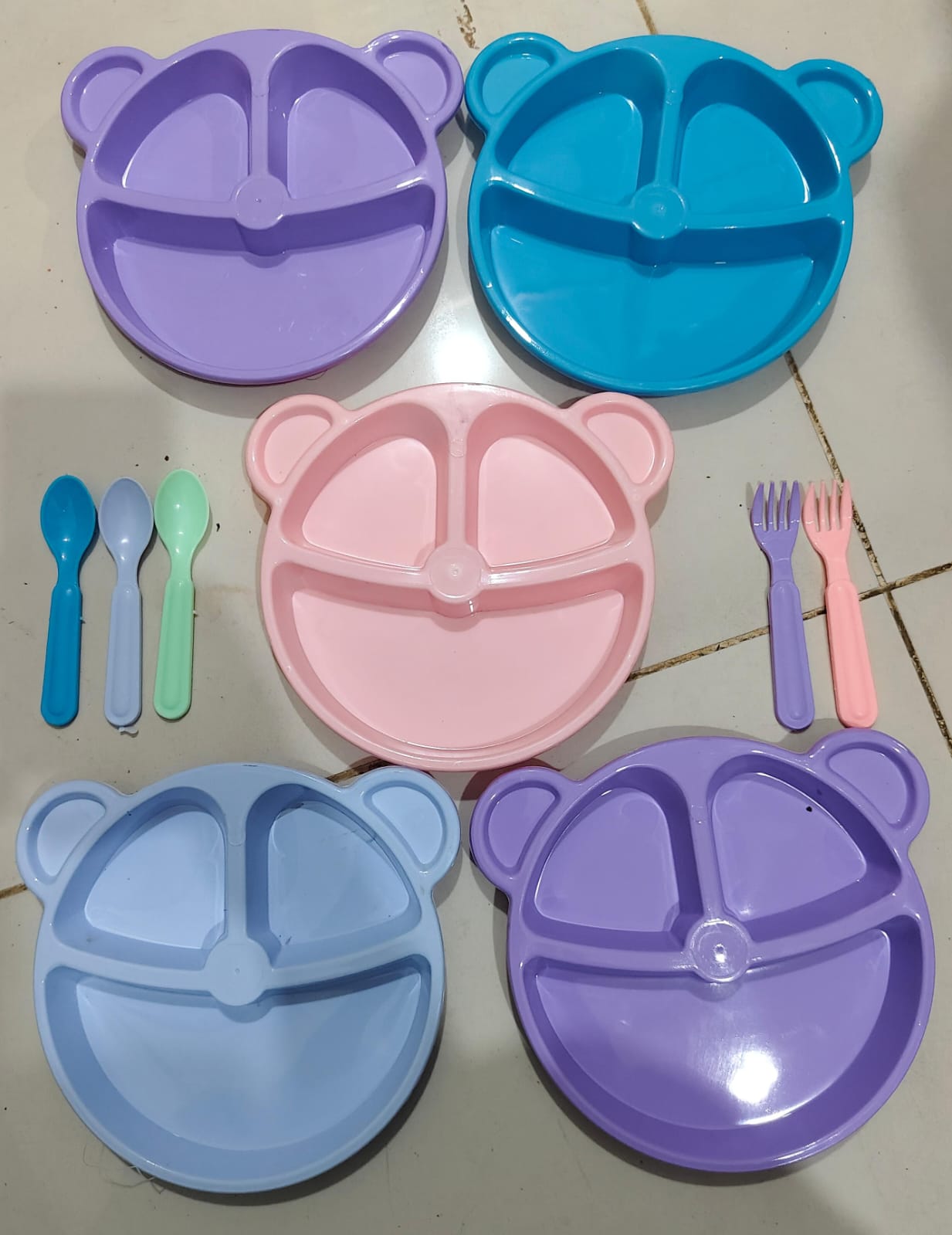 (Pack of 5) Multi Panda Shape Plates with 3 Spoons and 2 Forks