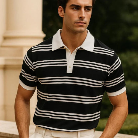 Panel Polo with White Collar & Rib – BLACK