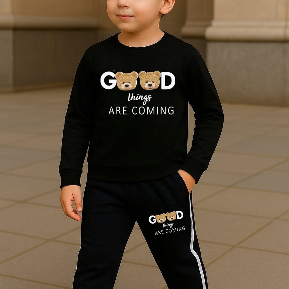 Good Things Are Coming Printed Black Track Suit for Kids