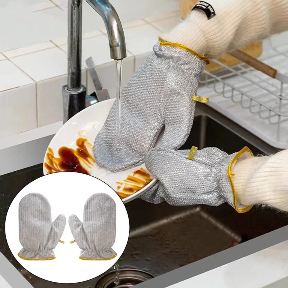 2 Pcs Kitchen Dish Silver Wire Cleaning Gloves