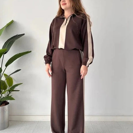 Zipper Twin Color Winter Fleece Fabric Track Suit Brown