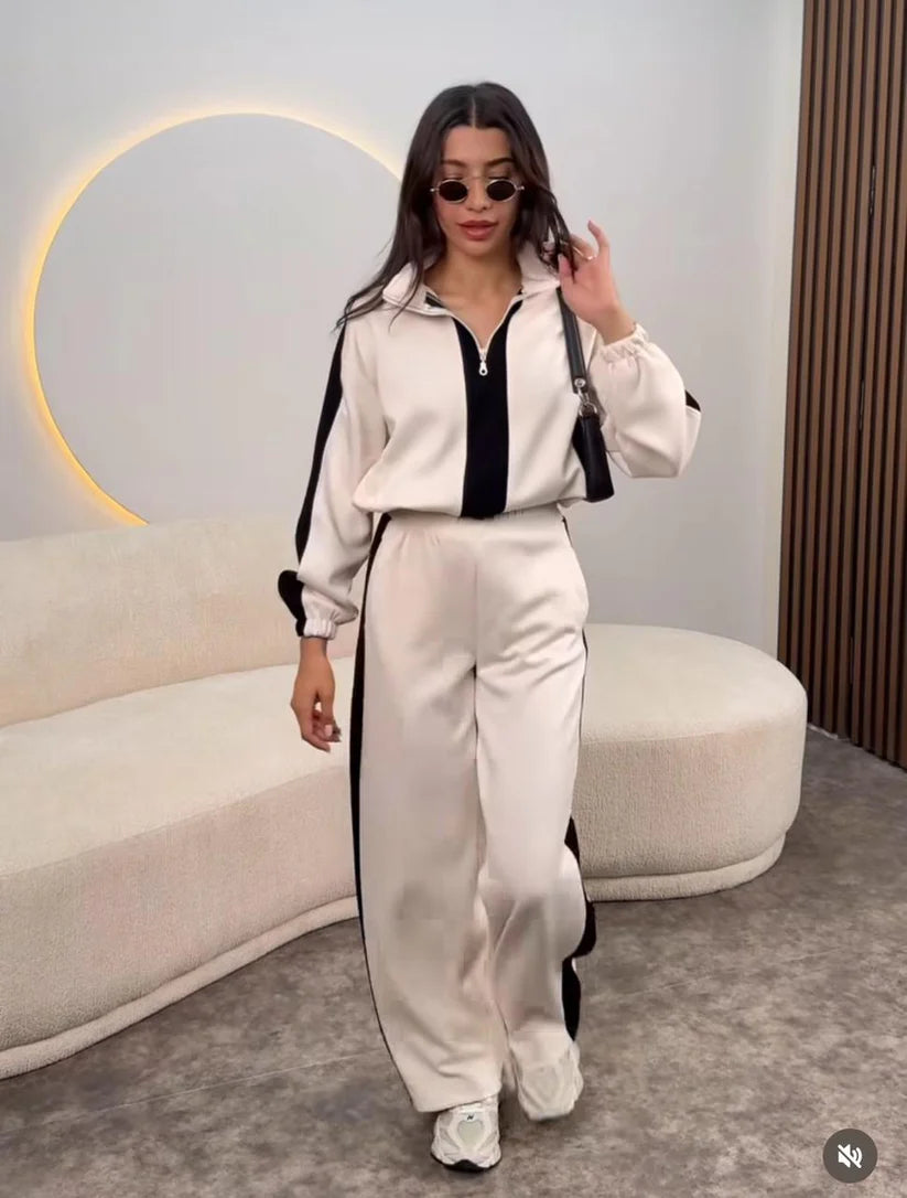 Zipper Twin Color Winter Fleece Fabric Track Suit Beige and Black