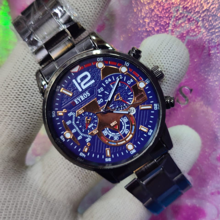 Deyros Stainless Steel Calendar Luminous Clock Dial Analog Luxury Quartz Wristwatch For Men