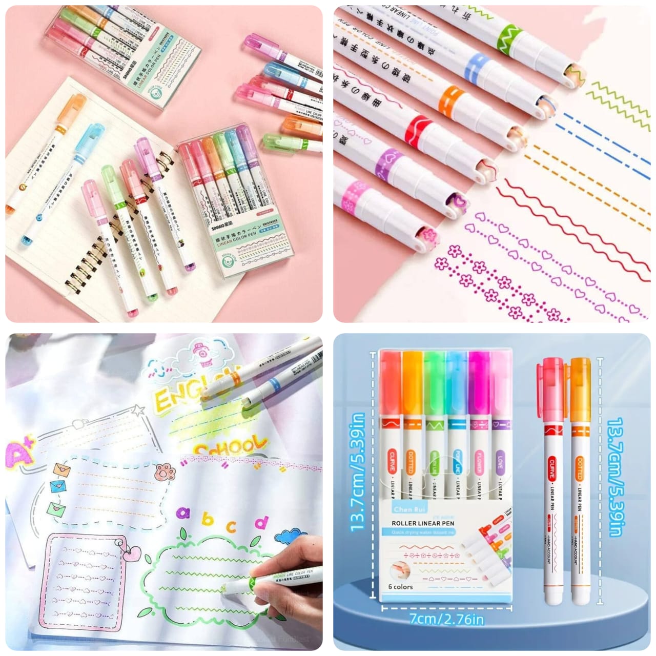 (Pack of 6) Linear Roller Design Color Pen