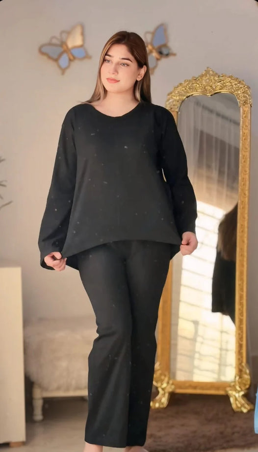 Deep Black Round Neck Plazzo PJ Set