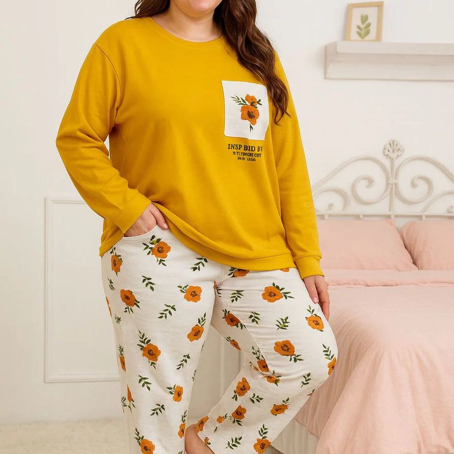 Winter Yellow Flower Co-Ord Set Night Suit