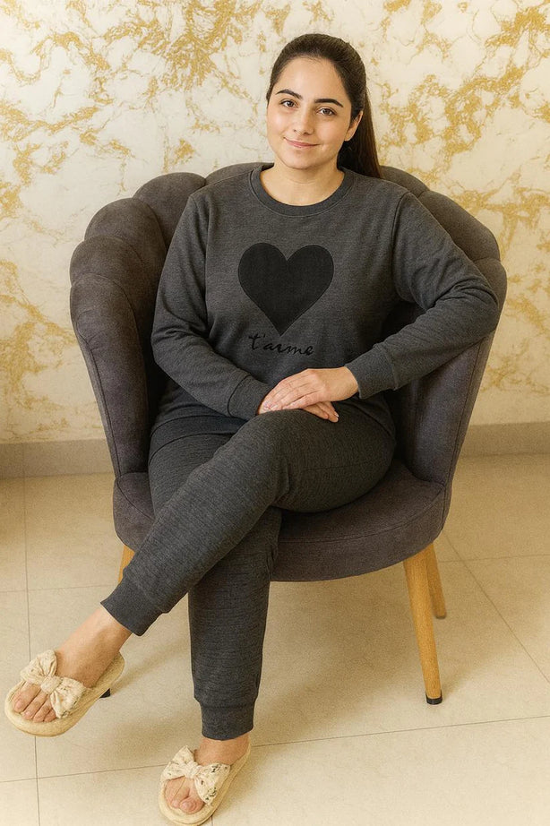 Winter Black Gray Heart Co-Ord Set Night Suit