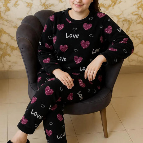 Winter Black Love Heart Co-Ord Set Night Suit