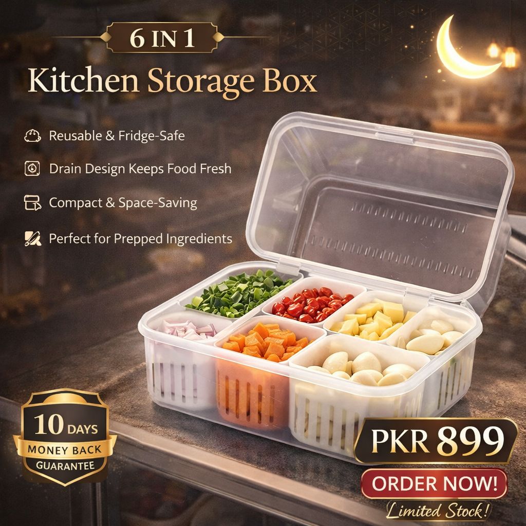 6-In-1 Kitchen Storage Box with Drain Basket – Refrigerator Fresh Keeping Food Container