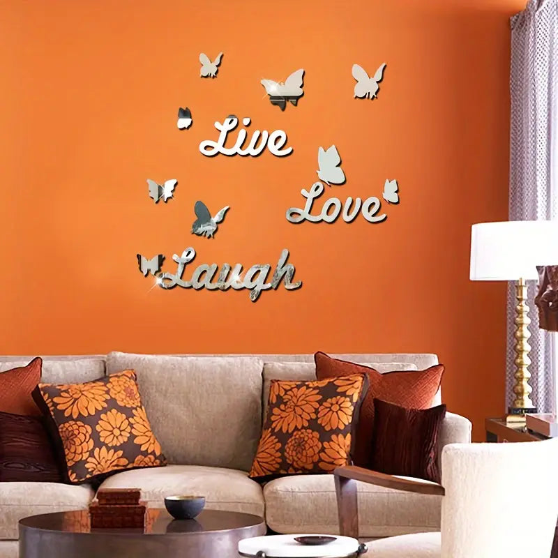 Three Dimensional 3D Letters Love Live Laugh with Butterfly Self Adhesive Mirror Wall Decals Stickers Set For Home Decoration