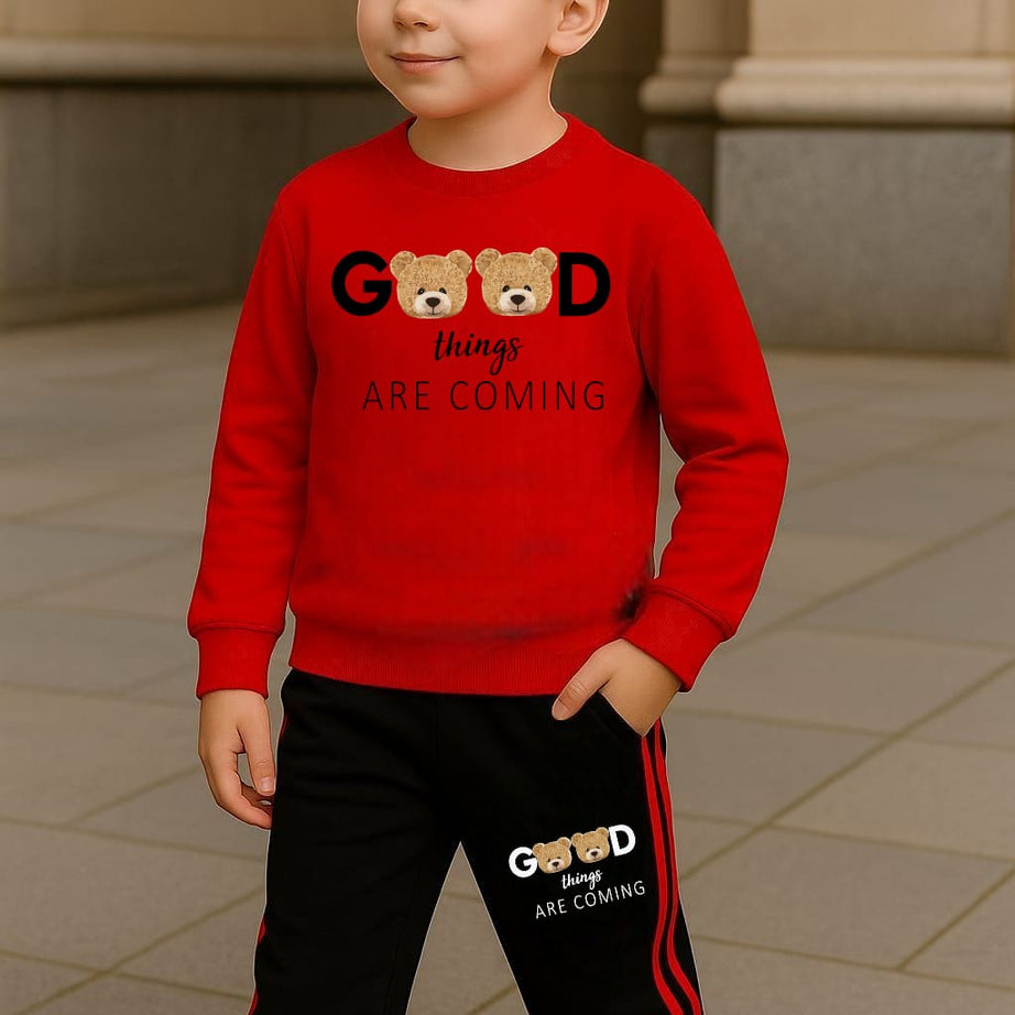Good Things Are Coming Printed Red Track Suit for Kids