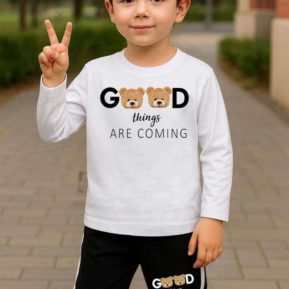 Good Things Are Coming Printed White Track Suit for Kids