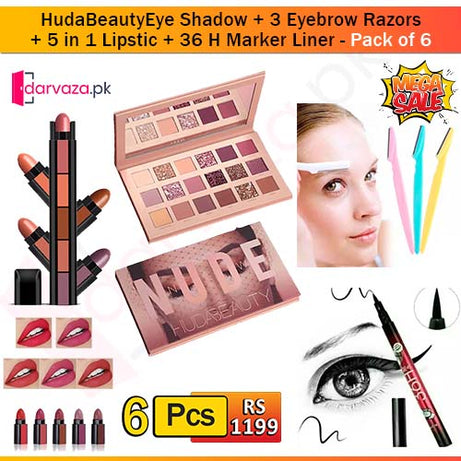 Pack of 6 - HudaBeautyEye Shadow + 3 Eyebrow Razors + 5 in 1 Lipstic + 36 H Marker Liner
