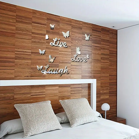 Three Dimensional 3D Letters Love Live Laugh with Butterfly Self Adhesive Mirror Wall Decals Stickers Set For Home Decoration