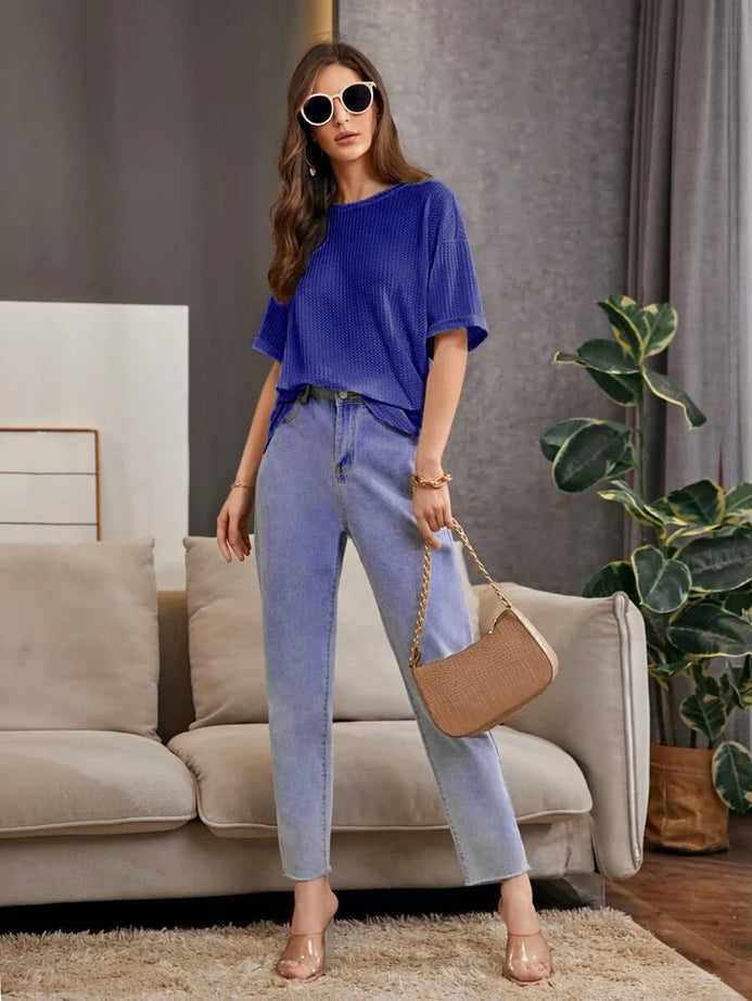 Premium Oversized Waffle Knitted Tee – Navy Blue