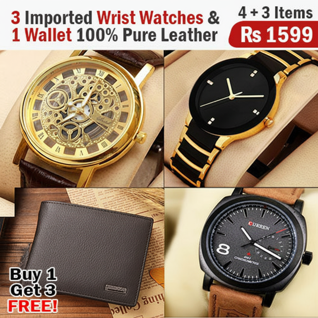 Buy 1 Get 3 Free Offer 3 Wrist Watches & 1 Leather Wallet