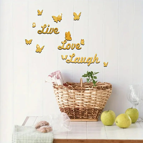 Three Dimensional 3D Letters Love Live Laugh with Butterfly Self Adhesive Mirror Wall Decals Stickers Set For Home Decoration