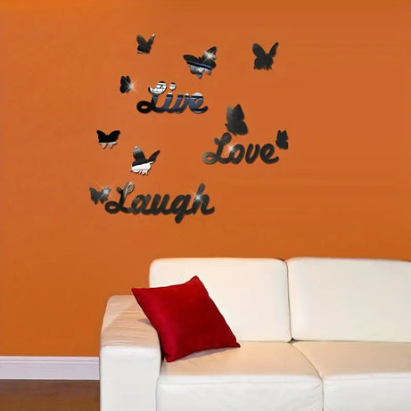 Three Dimensional 3D Letters Love Live Laugh with Butterfly Self Adhesive Mirror Wall Decals Stickers Set For Home Decoration