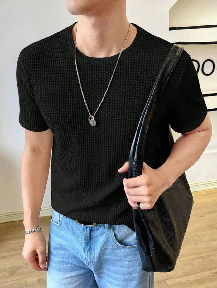 Waffle Knitted T-Shirt – BLACK