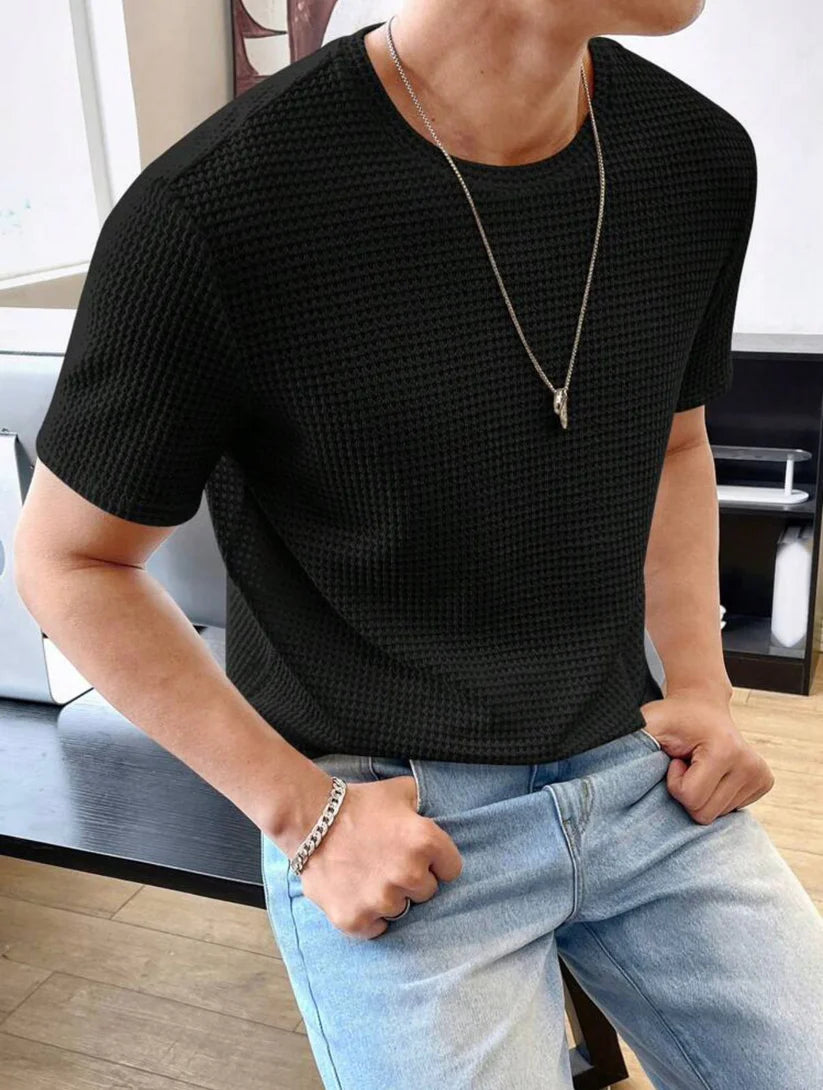 Waffle Knitted T-Shirt – BLACK