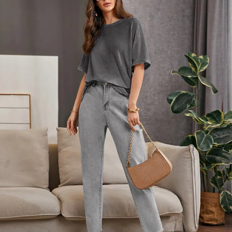 Premium Oversized Waffle Knitted Tee – Charcoal