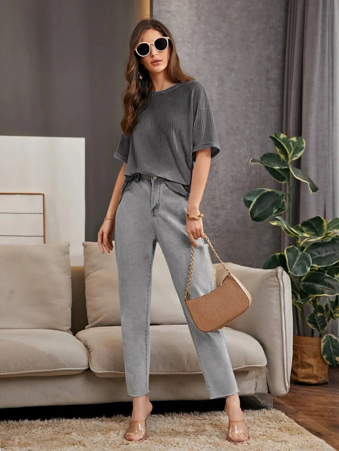 Premium Oversized Waffle Knitted Tee – Charcoal