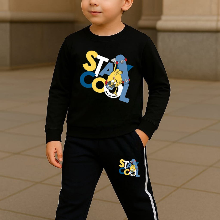 Stay Cool Printed Black Track Suit for Kids
