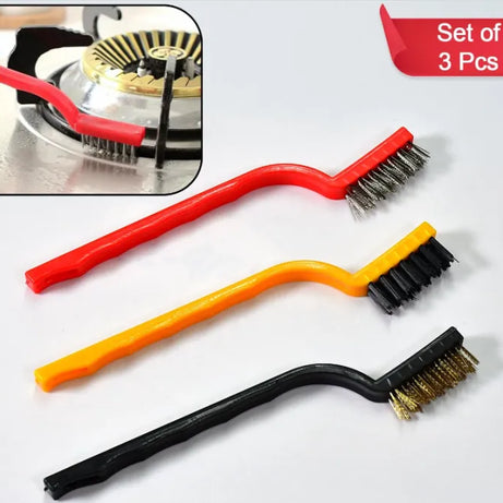 Set of 3 Gas Stove Cleaning Wire Rust Brush with Brass, Iron and Nylon wire for Metal, Gas Stove Pipes Cleaning