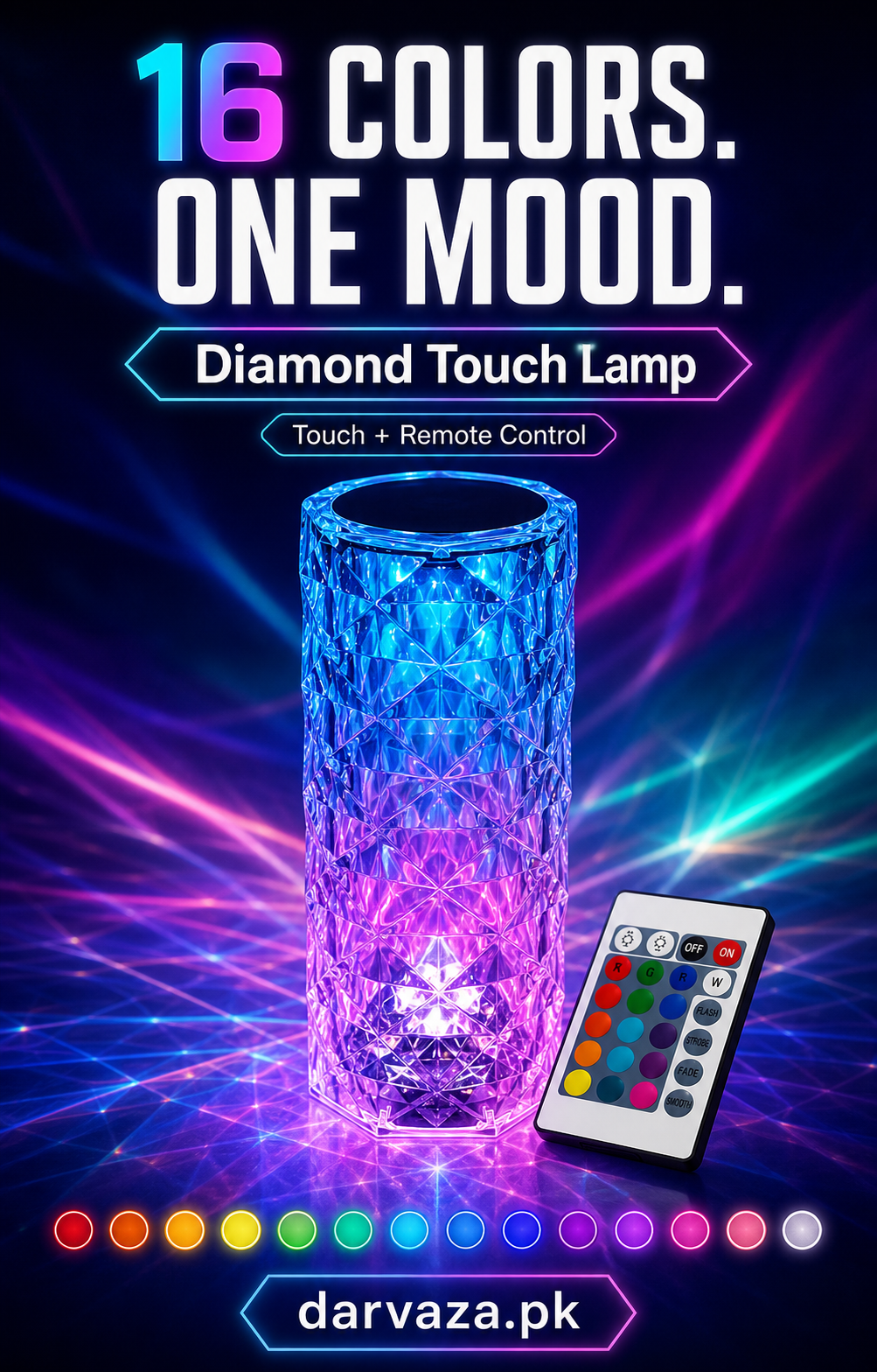 USB Rechargeable Crystal Rose Diamond Touch Lamp LED With RGB 16 Colors and Remote
