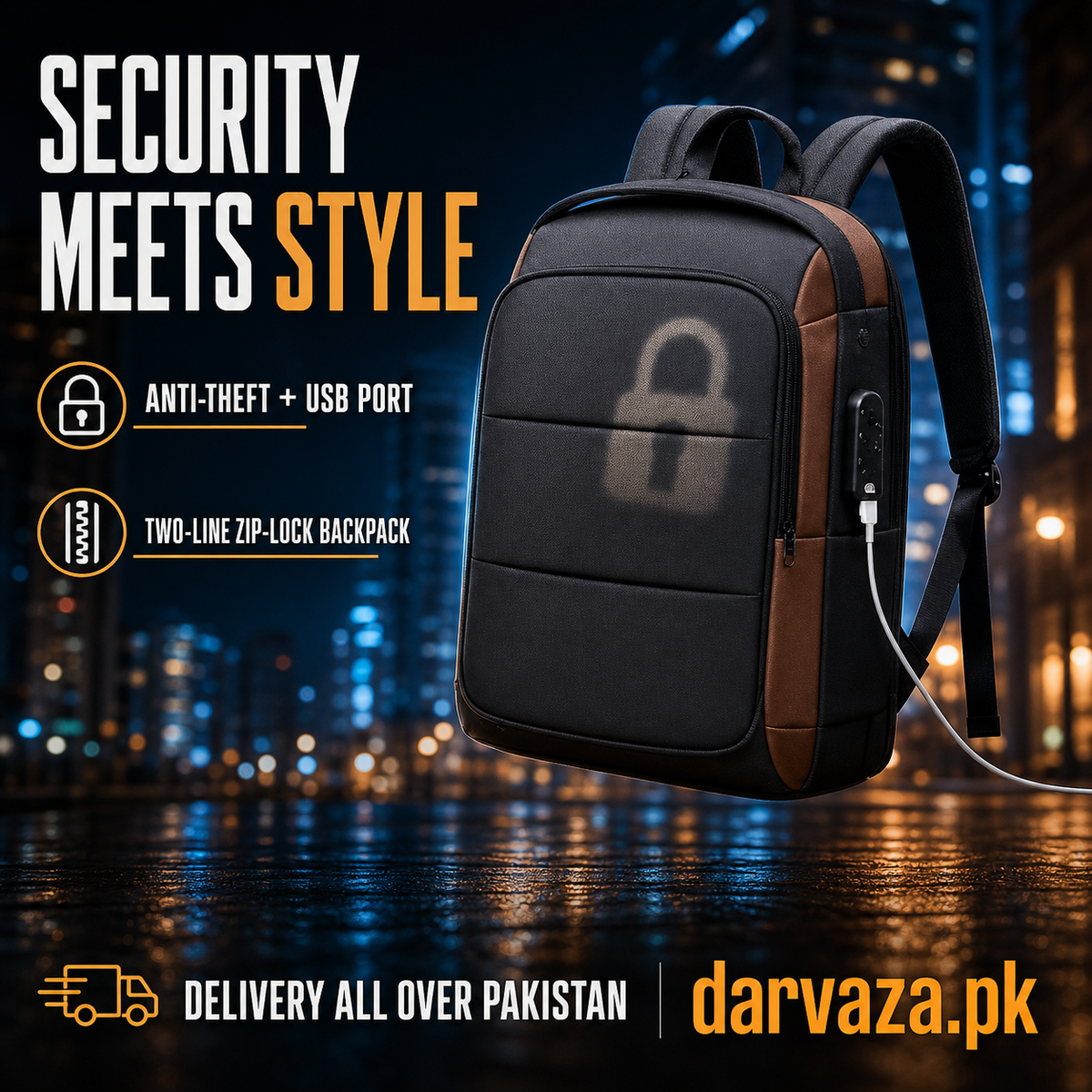 Two Lines Zip Lock Bag Pack with USB Port and Anti-Theft