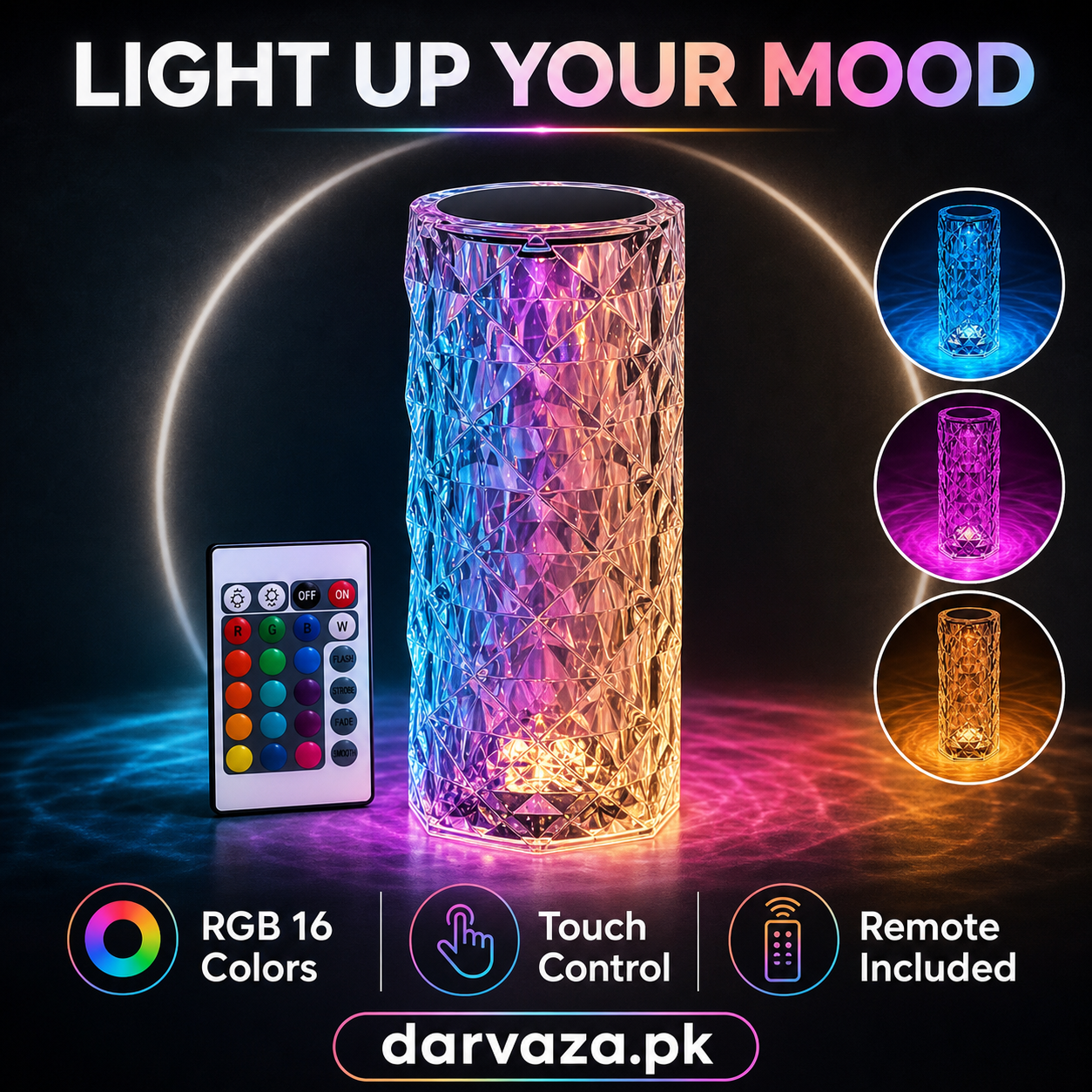 USB Rechargeable Crystal Rose Diamond Touch Lamp LED With RGB 16 Colors and Remote