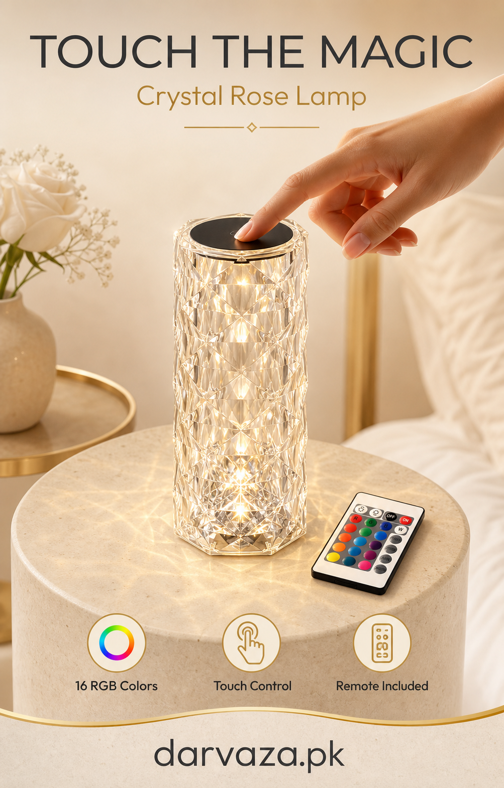 USB Rechargeable Crystal Rose Diamond Touch Lamp LED With RGB 16 Colors and Remote