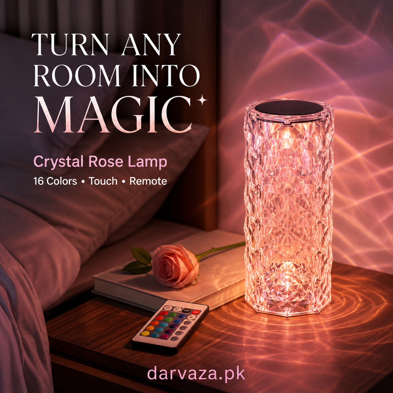 USB Rechargeable Crystal Rose Diamond Touch Lamp LED With RGB 16 Colors and Remote