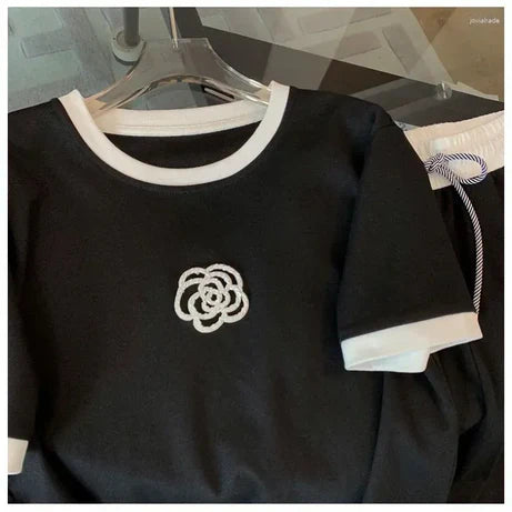 Flower Style Track Suit (Black) – Round Neck Half Sleeves T-Shirt and Trouser Suit for Women