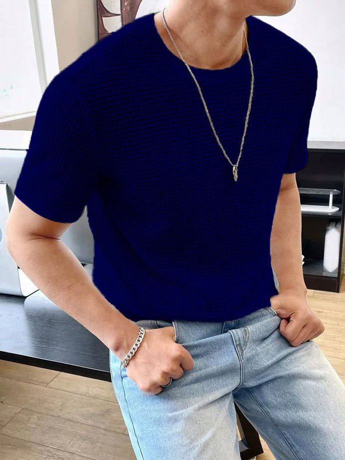 Waffle Knitted T-Shirt – NAVY BLUE