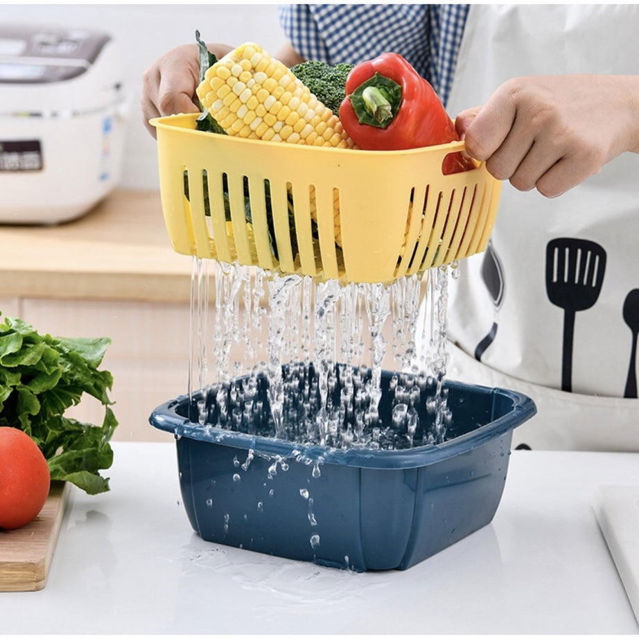 Pack of 2 Double Drain Kitchen Wash Basket and Refrigerator Strainer Vegetable Fruit Storage