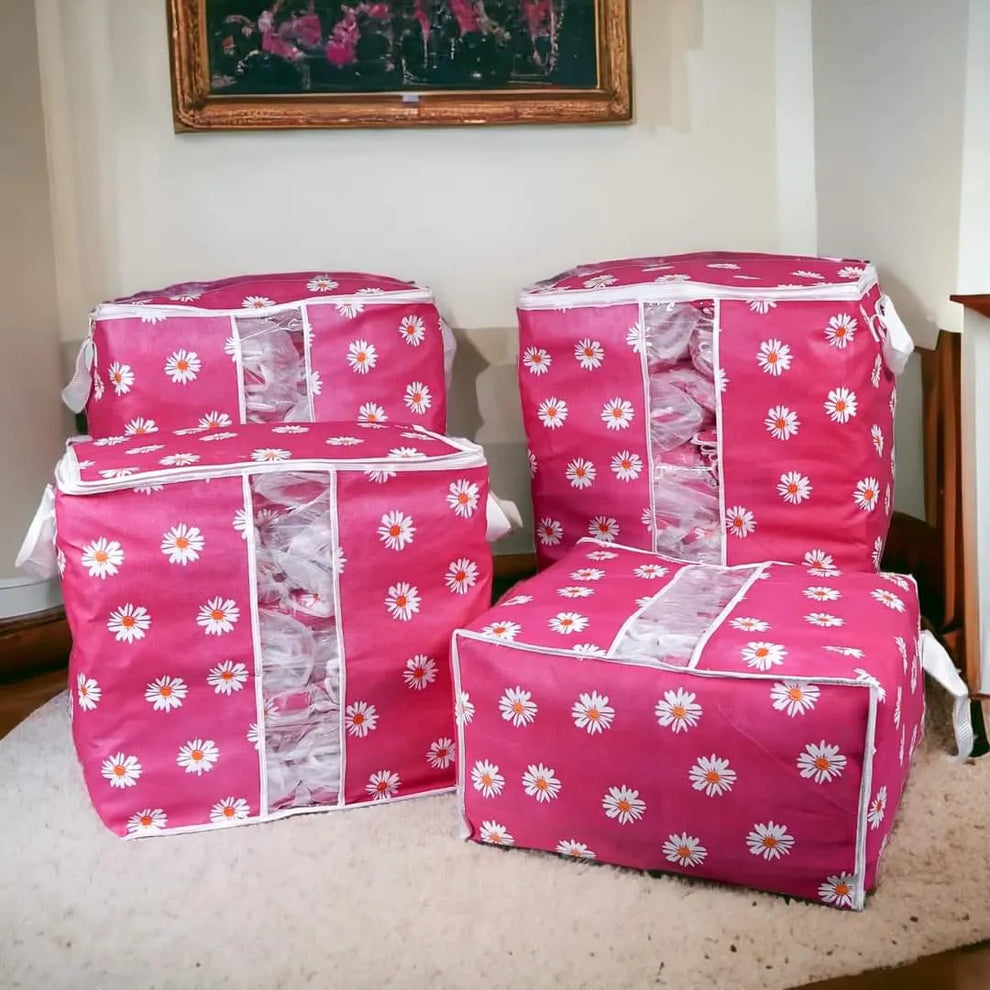 (Pack of 4) Printed Clothing Storage Organizer Bags For Traveling Home and Outdoor Use