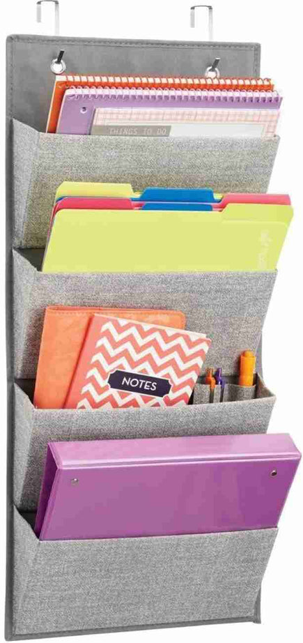 Soft Fabric Wall Mount/Over Door Hanging Storage Organizer With 4 Large Cascading Pockets For Holds Office Supplies, Planners, File Folders, Notebooks
