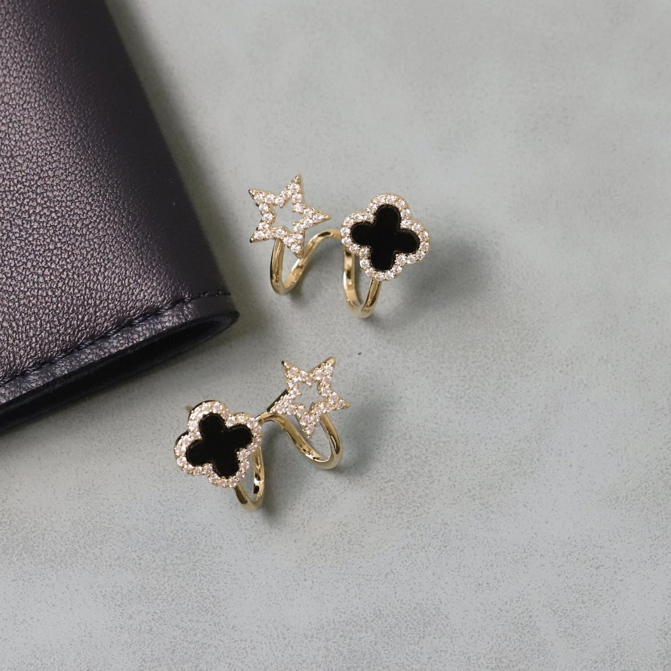 Gold Plated Stone Decor Star Four Leaf Clover Korean Earrings Black Cubic Zirconia Alloy Earring Set For Women