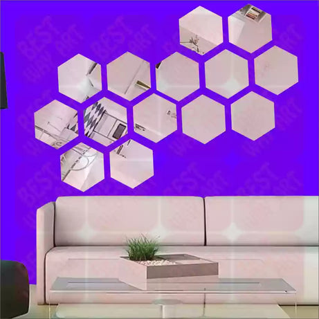 Hexagon 12 Pcs 3D Acrylic Hexagon Sliver Mirror Stickers for Wall