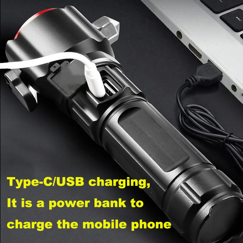 Super Bright Metal FlashLight Torch with adjustable focus Hammer and Mobile Power Bank