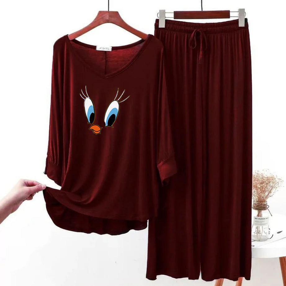 Maroon Daffy Duck V-Neck Women Night Suit PJ Set