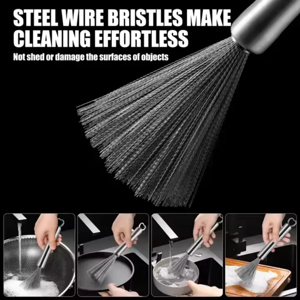 (Pack of 2) Multifunctional Long Handle Stainless Steel Pot Cleaning Brush Tool for Kitchen Use