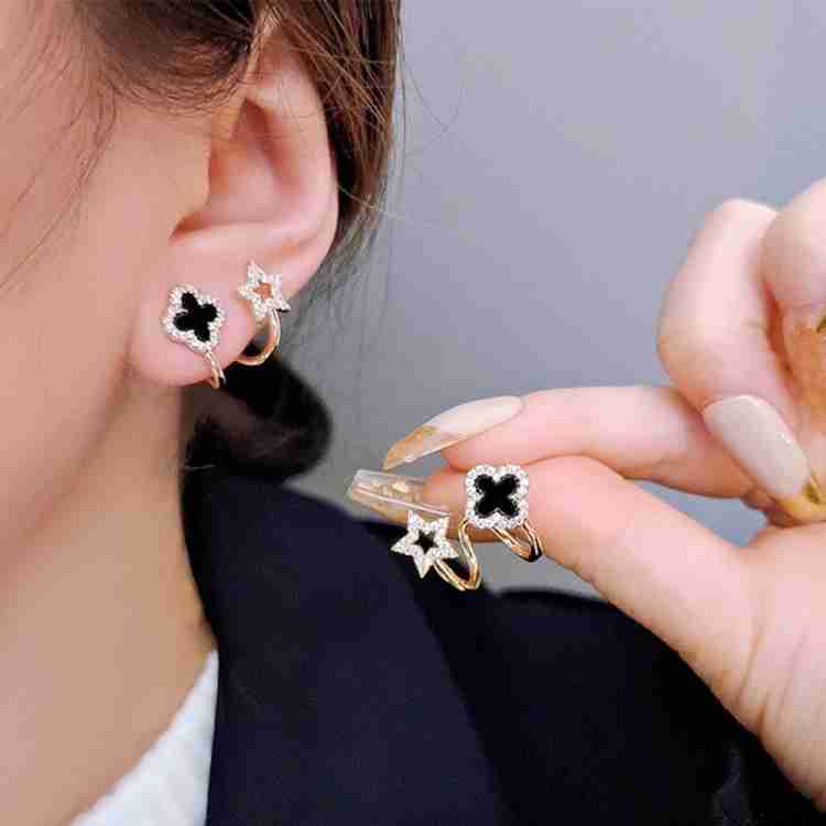 Gold Plated Stone Decor Star Four Leaf Clover Korean Earrings Black Cubic Zirconia Alloy Earring Set For Women