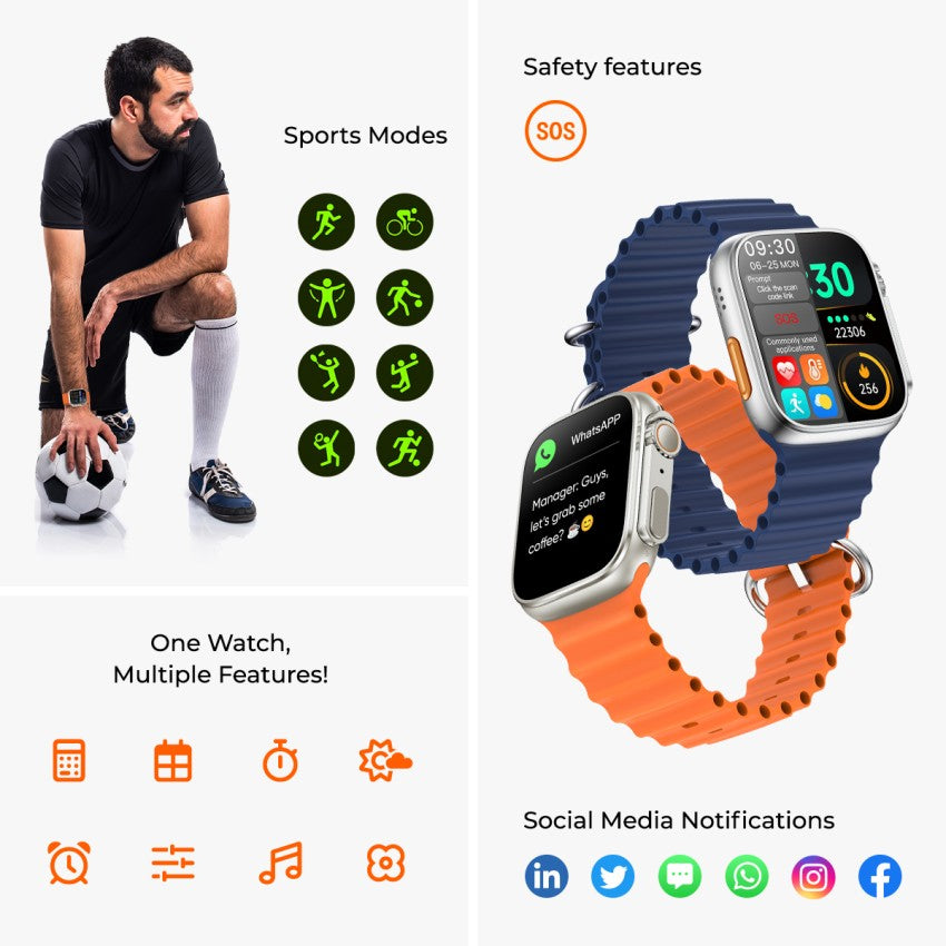 Ultra 10 Smart Watch with Bluetooth Calling Multiple Sports Mode and HD Touch Display with 10 Straps With Box For Men and Women