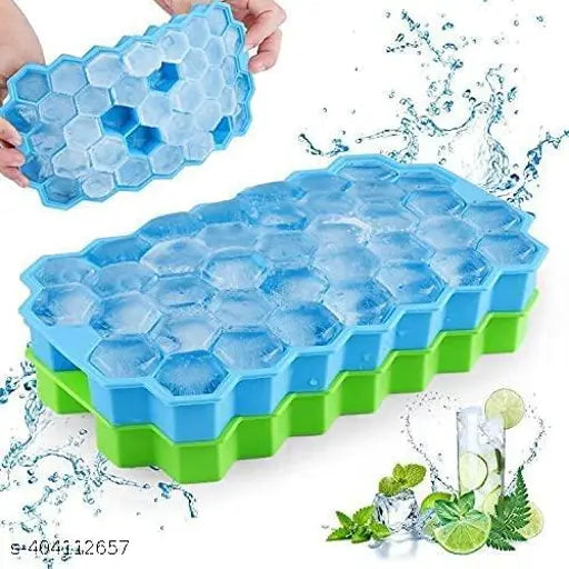 2Pcs Reusable Silicone 37 Cavity Honeycomb Ice Cube Trays Mold BPA Free Ice Maker with Removable Lids