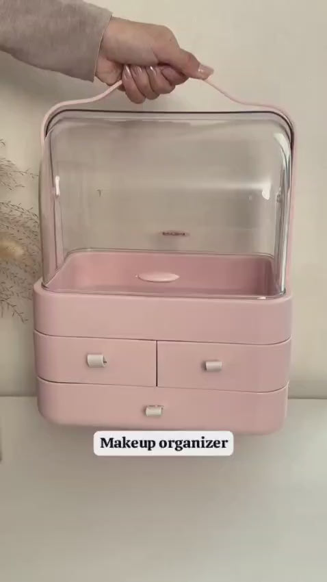 Portable Cosmetic Organizer with Dustproof Cover & 3 Drawers | Large-Capacity Makeup & Skincare Storage Box