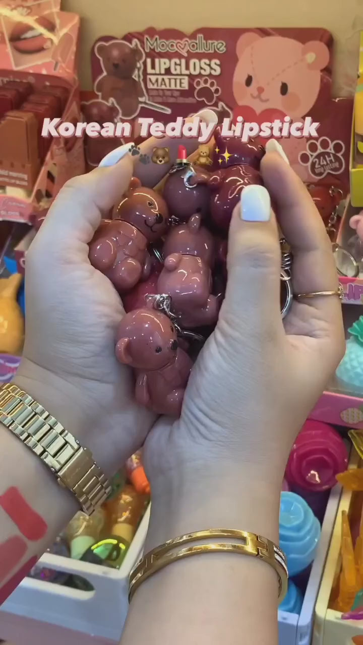 (Pack of 6) Teddy Keychain Makeup Lipstick Gloss with Different Colors For Women