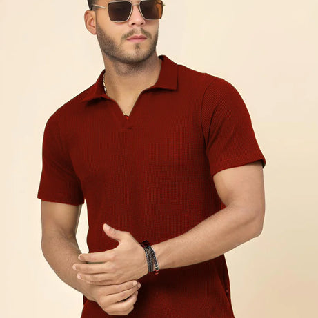 Premium Waffle Knitted Polo – MAROON